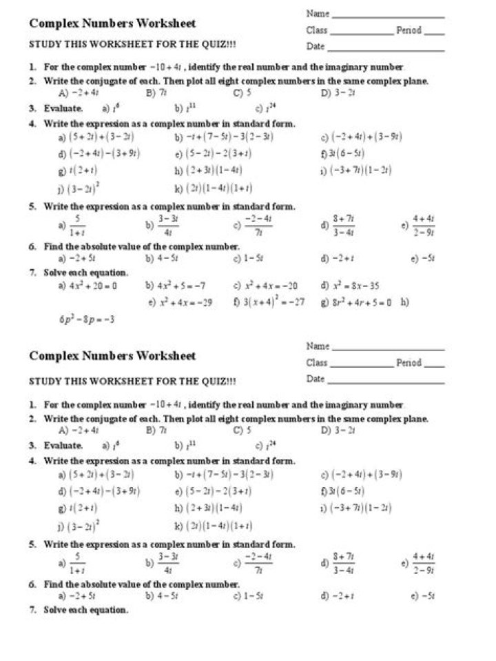 Complex Number Operations Calculator Quiz