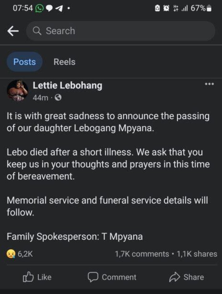 Lebohang Mpyana Death Cause And Obituary: Illness Before Demise