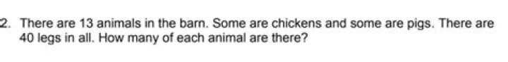 There are 13 animals in the barn. some are chickens and some are pigs. there are 40 legs in all. How