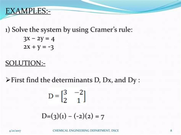 Use Cramers Method to solve 10c + 3s = 82 and 5c + 8s = 67
